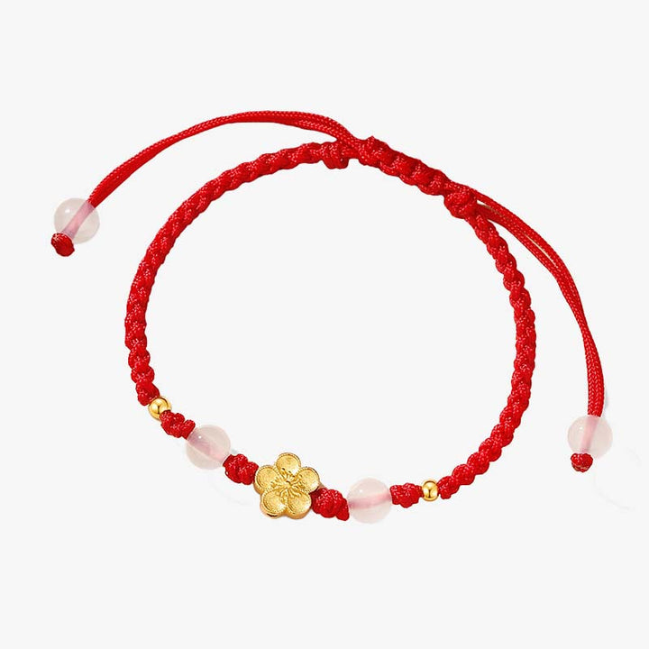 Bracelet en corde rouge porte-bonheur en argent sterling 925 fait main avec perles de calcédoine Sakura et fleur de pêcher et cerisier de Buddha Stones