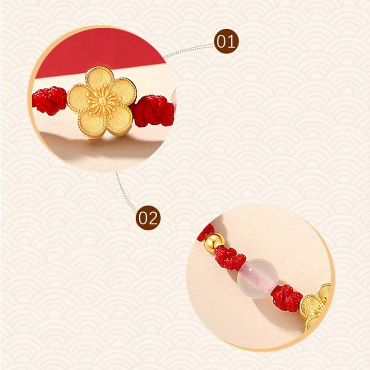 Bracelet en corde rouge porte-bonheur en argent sterling 925 fait main avec perles de calcédoine Sakura et fleur de pêcher et cerisier de Buddha Stones