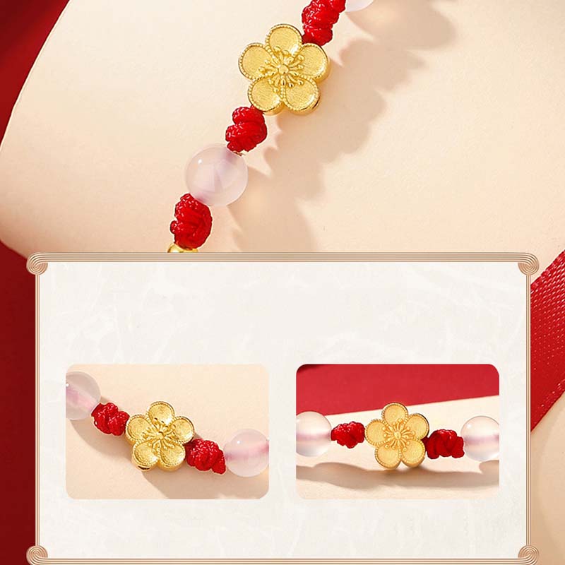 Bracelet en corde rouge porte-bonheur en argent sterling 925 fait main avec perles de calcédoine Sakura et fleur de pêcher et cerisier de Buddha Stones