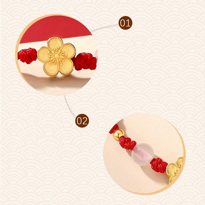 Bracelet en corde rouge porte-bonheur en argent sterling 925 fait main avec perles de calcédoine Sakura et fleur de pêcher et cerisier de Buddha Stones - image 6