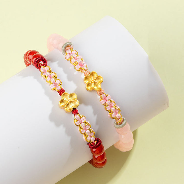 Bracelet Buddha Stones en argent sterling 999 avec agate rouge naturelle et cristal rose en fleur de cerisier - image 1