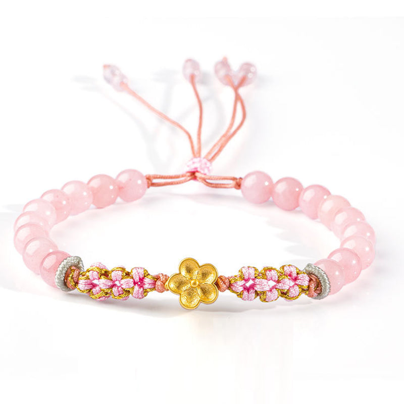 Bracelet Buddha Stones en argent sterling 999 avec agate rouge naturelle et cristal rose en fleur de cerisier - Cristal rose (Apaisant♥Chaleur) (Tour de poignet 14-19 cm) - image 2