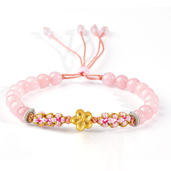 Bracelet Buddha Stones en argent sterling 999 avec agate rouge naturelle et cristal rose en fleur de cerisier - Cristal rose (Apaisant♥Chaleur) (Tour de poignet 14-19 cm) - image 2