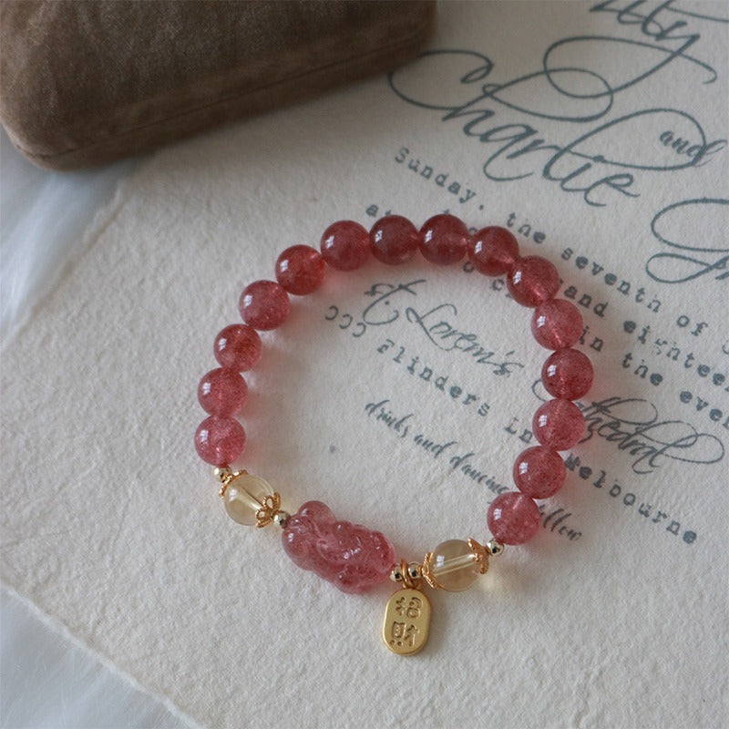 Bracelet de guérison et d'attraction de la fortune en quartz Buddha Stones naturel et fleur de pêcher PiXiu