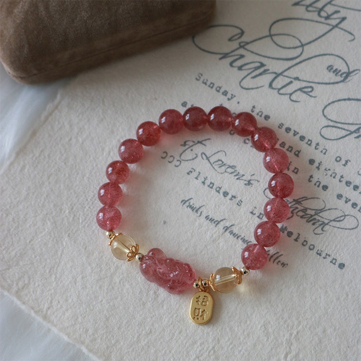 Bracelet de guérison et d'attraction de la fortune en quartz Buddha Stones naturel et fleur de pêcher PiXiu