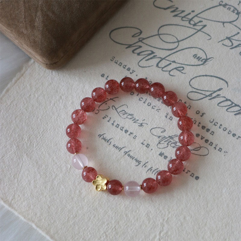 Bracelet de guérison et d'attraction de la fortune en quartz Buddha Stones naturel et fleur de pêcher PiXiu