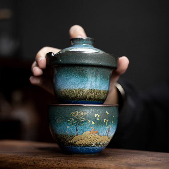 Tasse à thé en céramique Buddha Stones Deer Mountain Trees Lovely Cat Tasse à thé noire avec couvercle et sac