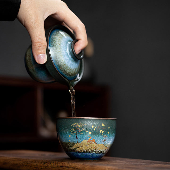 Tasse à thé en céramique Buddha Stones Deer Mountain Trees Lovely Cat Tasse à thé noire avec couvercle et sac