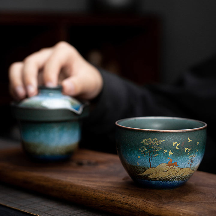 Tasse à thé en céramique Buddha Stones Deer Mountain Trees Lovely Cat Tasse à thé noire avec couvercle et sac