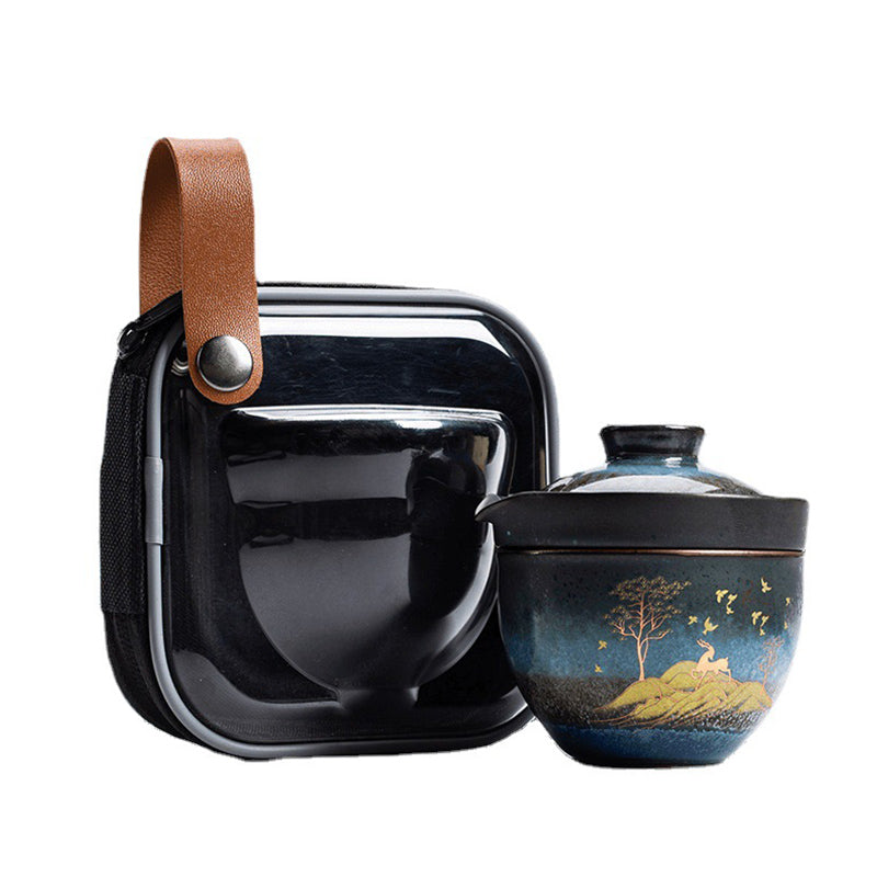 Tasse à thé en céramique Buddha Stones Deer Mountain Trees Lovely Cat Tasse à thé noire avec couvercle et sac
