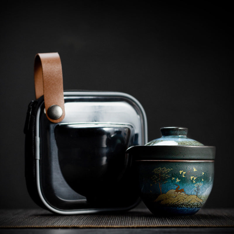 Tasse à thé en céramique Buddha Stones Deer Mountain Trees Lovely Cat Tasse à thé noire avec couvercle et sac