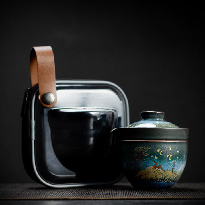 Tasse à thé en céramique Buddha Stones Deer Mountain Trees Lovely Cat Tasse à thé noire avec couvercle et sac