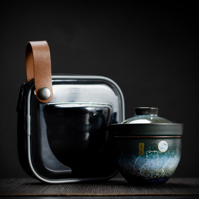 Tasse à thé en céramique Buddha Stones Deer Mountain Trees Lovely Cat Tasse à thé noire avec couvercle et sac