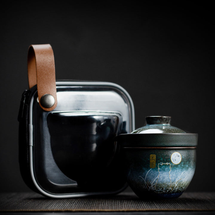 Tasse à thé en céramique Buddha Stones Deer Mountain Trees Lovely Cat Tasse à thé noire avec couvercle et sac