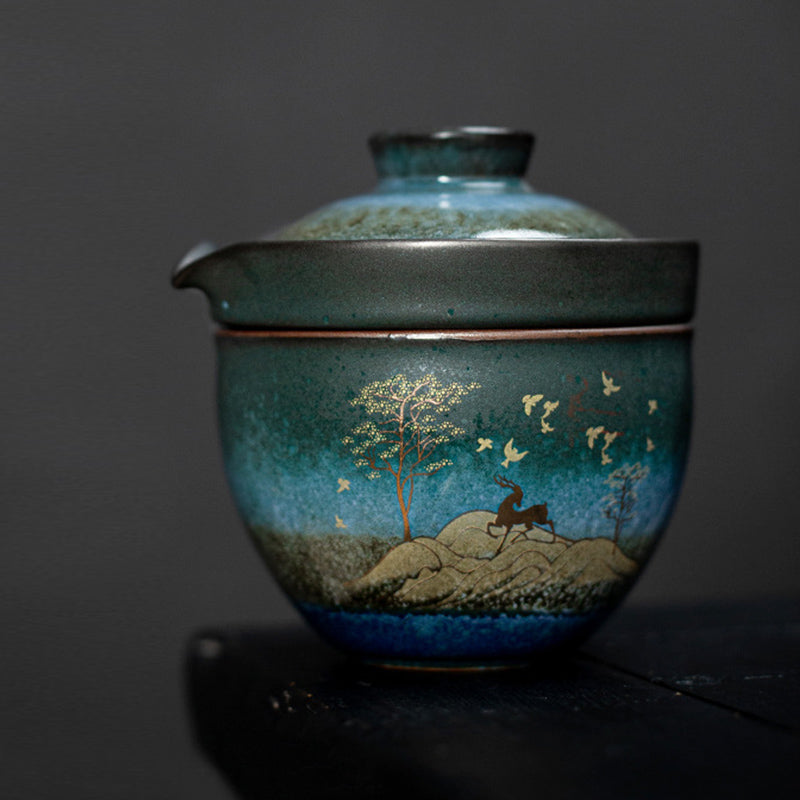 Tasse à thé en céramique Buddha Stones Deer Mountain Trees Lovely Cat Tasse à thé noire avec couvercle et sac