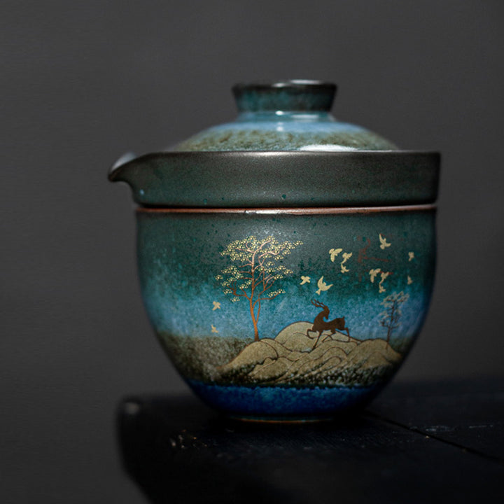 Tasse à thé en céramique Buddha Stones Deer Mountain Trees Lovely Cat Tasse à thé noire avec couvercle et sac