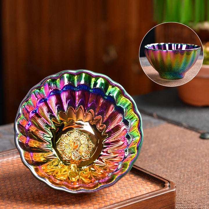 Tasse à thé en céramique chinoise Jianzhan multicolore avec incrustations de Buddha Stones , de lotus et de paon, tasse à thé Kung Fu