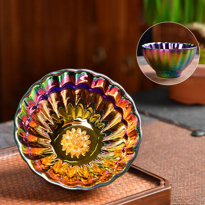 Tasse à thé en céramique chinoise Jianzhan multicolore avec incrustations de Buddha Stones , de lotus et de paon, tasse à thé Kung Fu