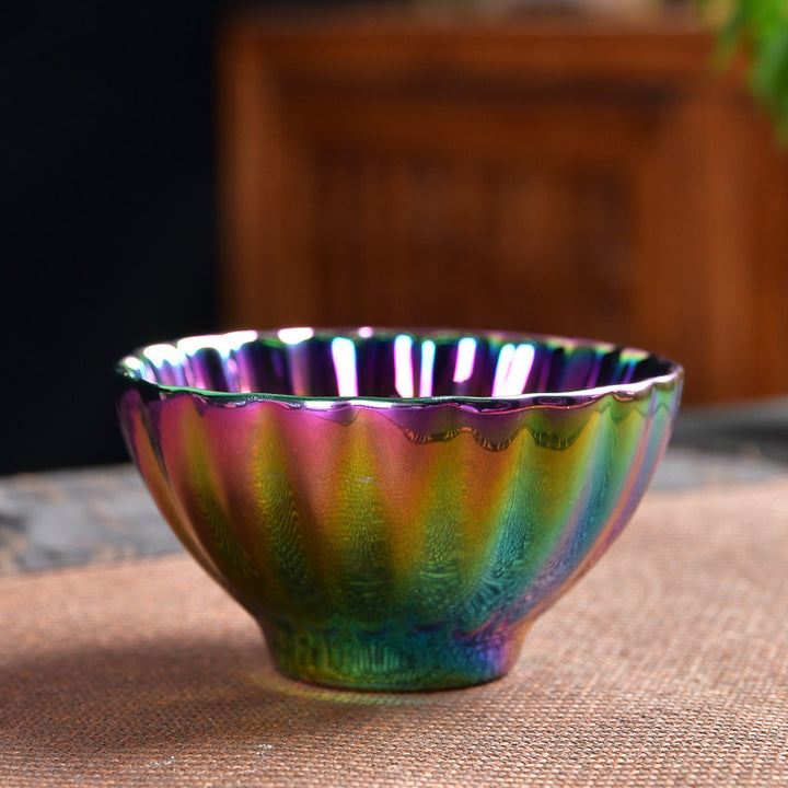 Tasse à thé en céramique chinoise Jianzhan multicolore avec incrustations de Buddha Stones , de lotus et de paon, tasse à thé Kung Fu