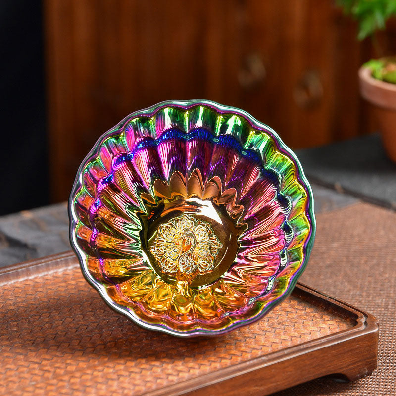 Tasse à thé en céramique chinoise Jianzhan multicolore avec incrustations de Buddha Stones , de lotus et de paon, tasse à thé Kung Fu