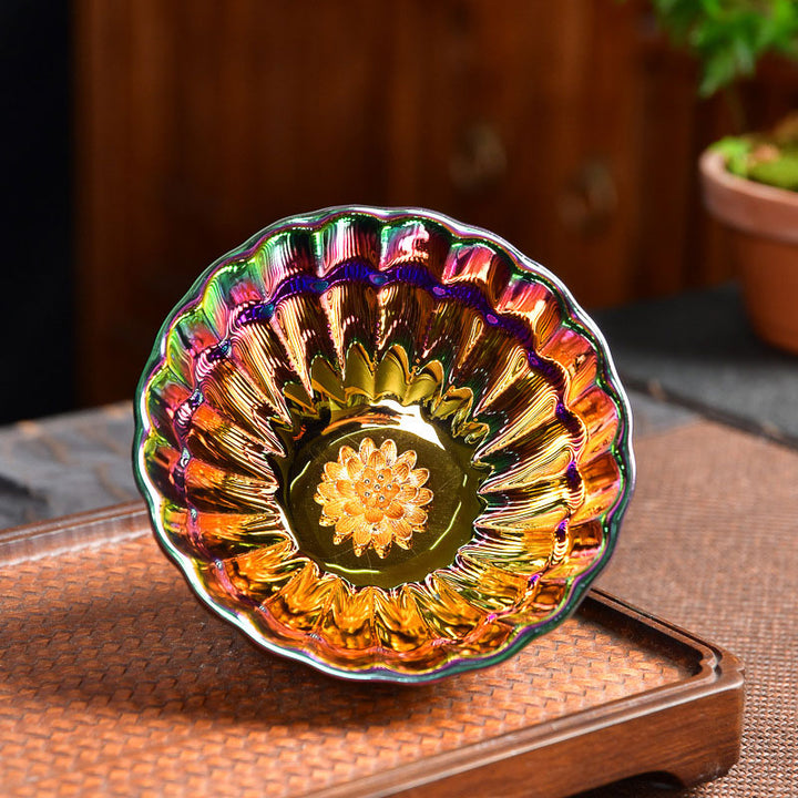 Tasse à thé en céramique chinoise Jianzhan multicolore avec incrustations de Buddha Stones , de lotus et de paon, tasse à thé Kung Fu