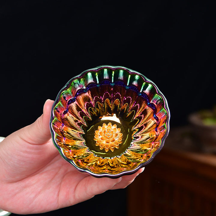 Tasse à thé en céramique chinoise Jianzhan multicolore avec incrustations de Buddha Stones , de lotus et de paon, tasse à thé Kung Fu