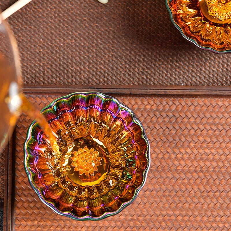 Tasse à thé en céramique chinoise Jianzhan multicolore avec incrustations de Buddha Stones , de lotus et de paon, tasse à thé Kung Fu