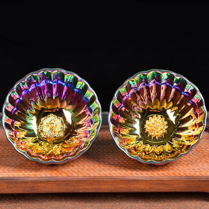 Tasse à thé en céramique chinoise Jianzhan multicolore avec incrustations de Buddha Stones , de lotus et de paon, tasse à thé Kung Fu