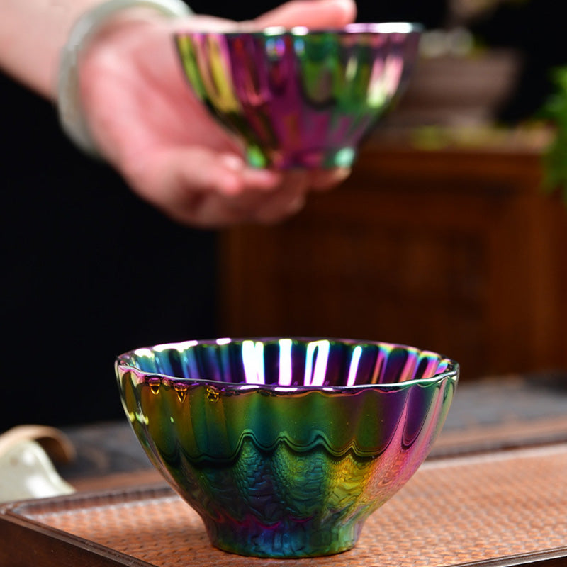 Tasse à thé en céramique chinoise Jianzhan multicolore avec incrustations de Buddha Stones , de lotus et de paon, tasse à thé Kung Fu