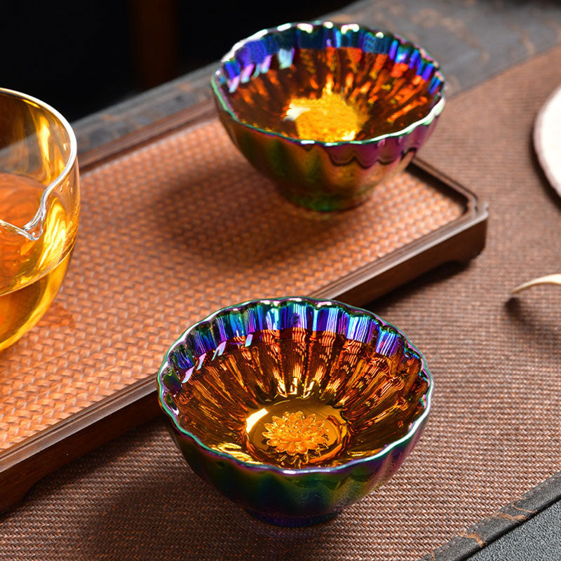 Tasse à thé en céramique chinoise Jianzhan multicolore avec incrustations de Buddha Stones , de lotus et de paon, tasse à thé Kung Fu