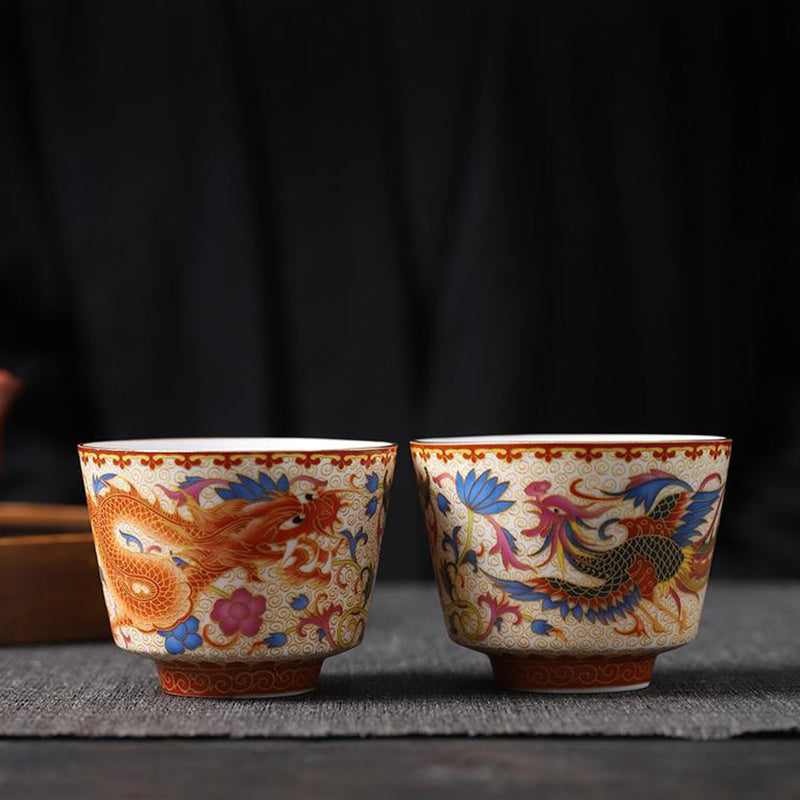 Lot de 2 tasses à thé en céramique avec Buddha Stones et dragon et phénix