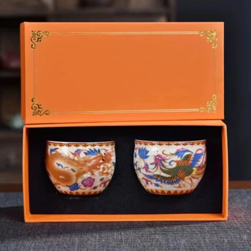 Lot de 2 tasses à thé en céramique avec Buddha Stones et dragon et phénix