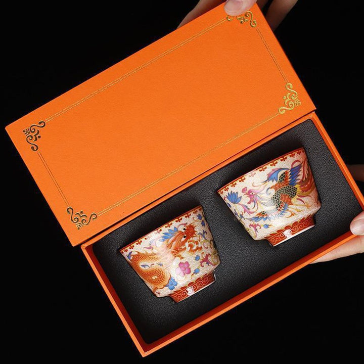 Lot de 2 tasses à thé en céramique avec Buddha Stones et dragon et phénix