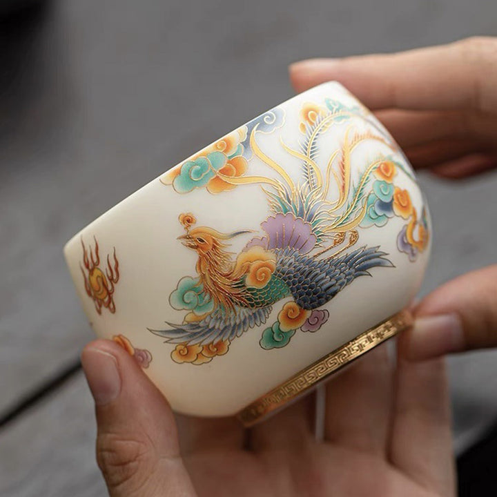 Tasse à thé en céramique Buddha Stones Dragon Phénix Nuages ​​de bon augure Tasse à thé Kung Fu - Petit format 8,5 cm x 6,5 cm x 150 ml - image 0