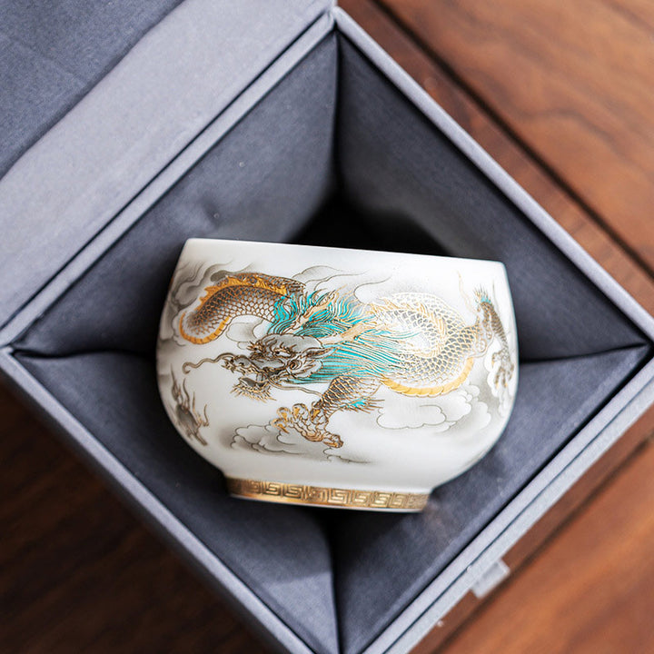 Tasse à thé en céramique Buddha Stones, dragon, phénix, nuages de bon augure, tasse à thé Kung Fu avec boîte cadeau