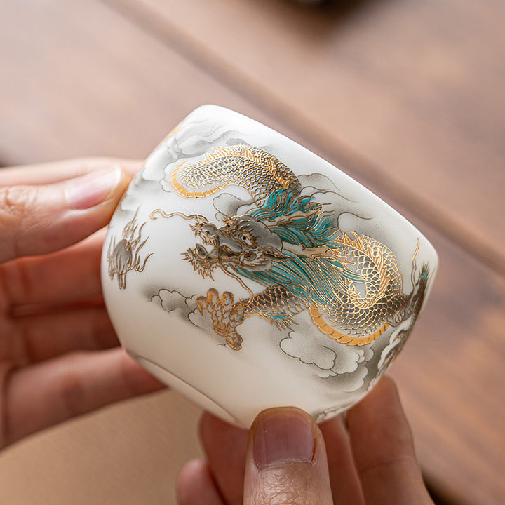 Tasse à thé en céramique Buddha Stones, dragon, phénix, nuages de bon augure, tasse à thé Kung Fu avec boîte cadeau