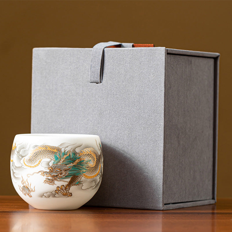 Tasse à thé en céramique Buddha Stones, dragon, phénix, nuages de bon augure, tasse à thé Kung Fu avec boîte cadeau