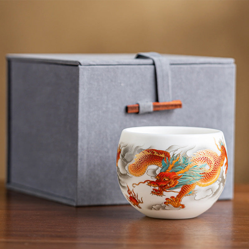 Tasse à thé en céramique Buddha Stones, dragon, phénix, nuages de bon augure, tasse à thé Kung Fu avec boîte cadeau
