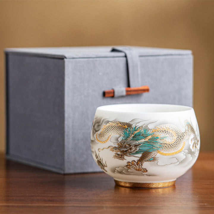 Tasse à thé en céramique Buddha Stones, dragon, phénix, nuages de bon augure, tasse à thé Kung Fu avec boîte cadeau