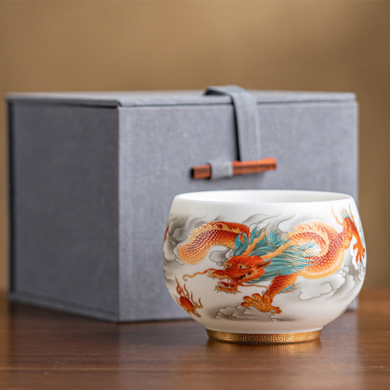 Tasse à thé en céramique Buddha Stones, dragon, phénix, nuages de bon augure, tasse à thé Kung Fu avec boîte cadeau