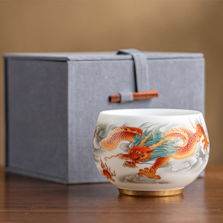 Tasse à thé en céramique Buddha Stones, dragon, phénix, nuages de bon augure, tasse à thé Kung Fu avec boîte cadeau