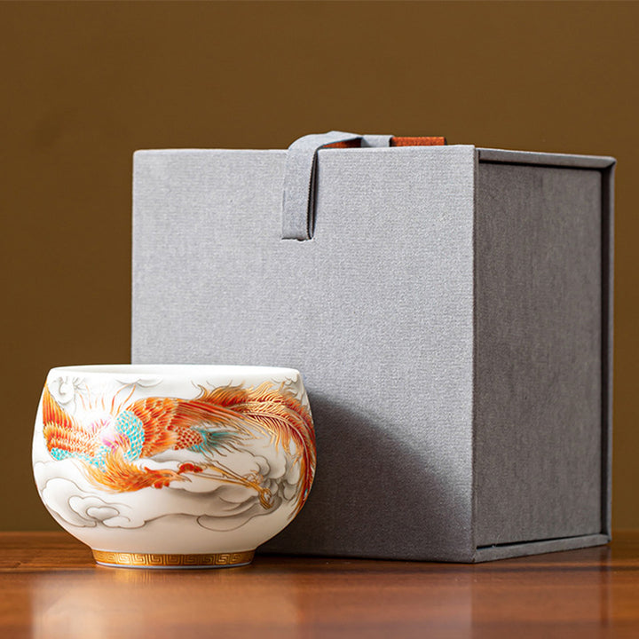 Tasse à thé en céramique Buddha Stones, dragon, phénix, nuages de bon augure, tasse à thé Kung Fu avec boîte cadeau