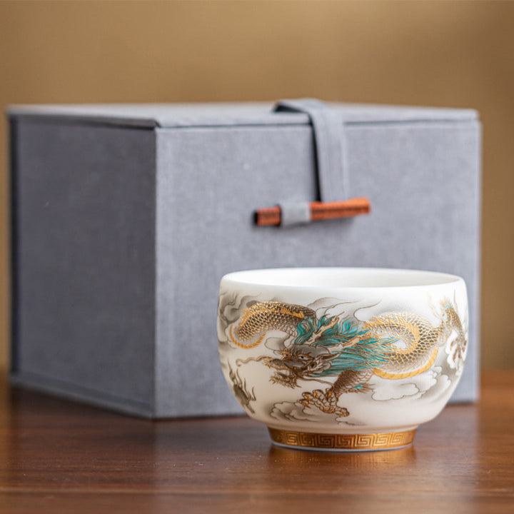 Tasse à thé en céramique Buddha Stones, dragon, phénix, nuages de bon augure, tasse à thé Kung Fu avec boîte cadeau