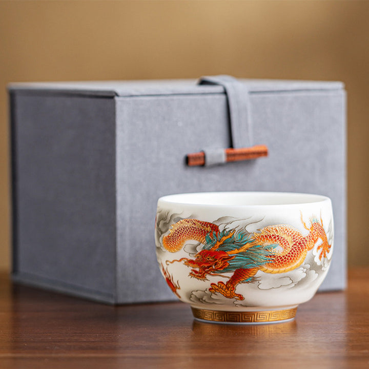 Tasse à thé en céramique Buddha Stones, dragon, phénix, nuages de bon augure, tasse à thé Kung Fu avec boîte cadeau