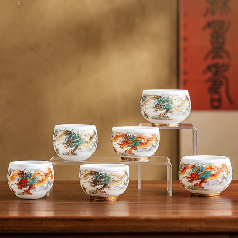 Tasse à thé en céramique Buddha Stones, dragon, phénix, nuages de bon augure, tasse à thé Kung Fu avec boîte cadeau