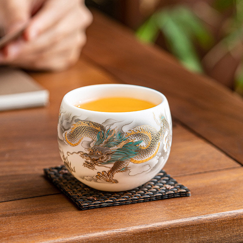 Tasse à thé en céramique Buddha Stones, dragon, phénix, nuages de bon augure, tasse à thé Kung Fu avec boîte cadeau