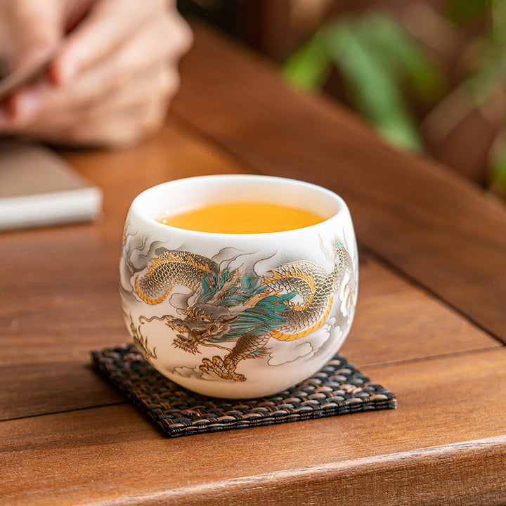 Tasse à thé en céramique Buddha Stones, dragon, phénix, nuages de bon augure, tasse à thé Kung Fu avec boîte cadeau