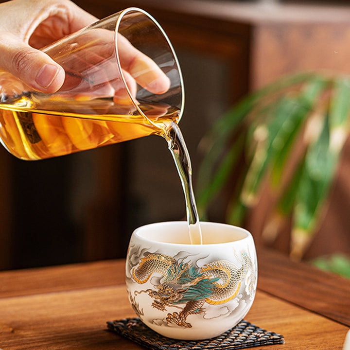 Tasse à thé en céramique Buddha Stones, dragon, phénix, nuages de bon augure, tasse à thé Kung Fu avec boîte cadeau