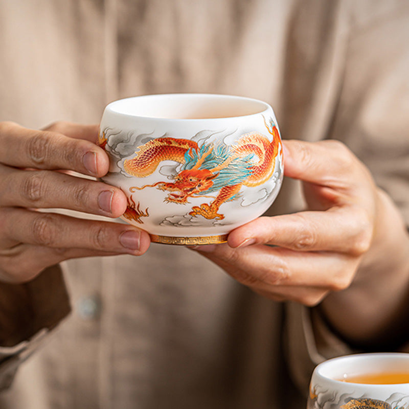 Tasse à thé en céramique Buddha Stones, dragon, phénix, nuages de bon augure, tasse à thé Kung Fu avec boîte cadeau