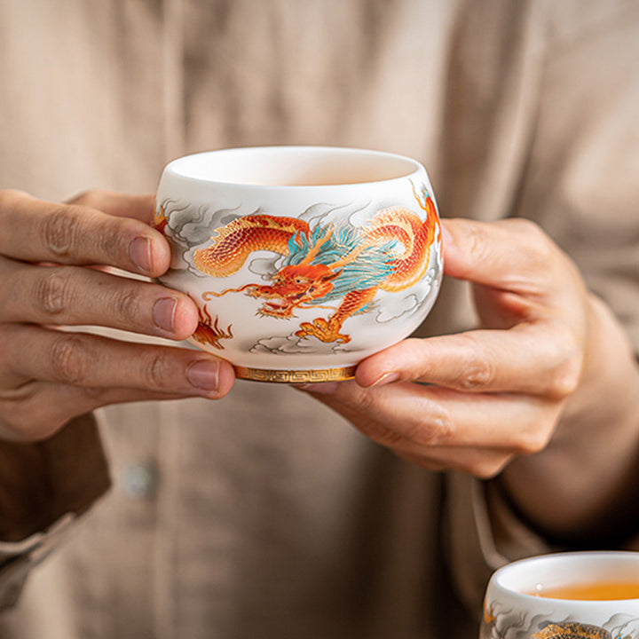 Tasse à thé en céramique Buddha Stones, dragon, phénix, nuages de bon augure, tasse à thé Kung Fu avec boîte cadeau